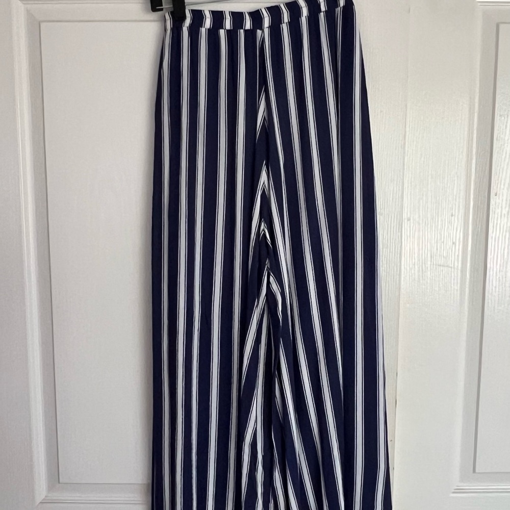 Blue and white striped palazzo pants